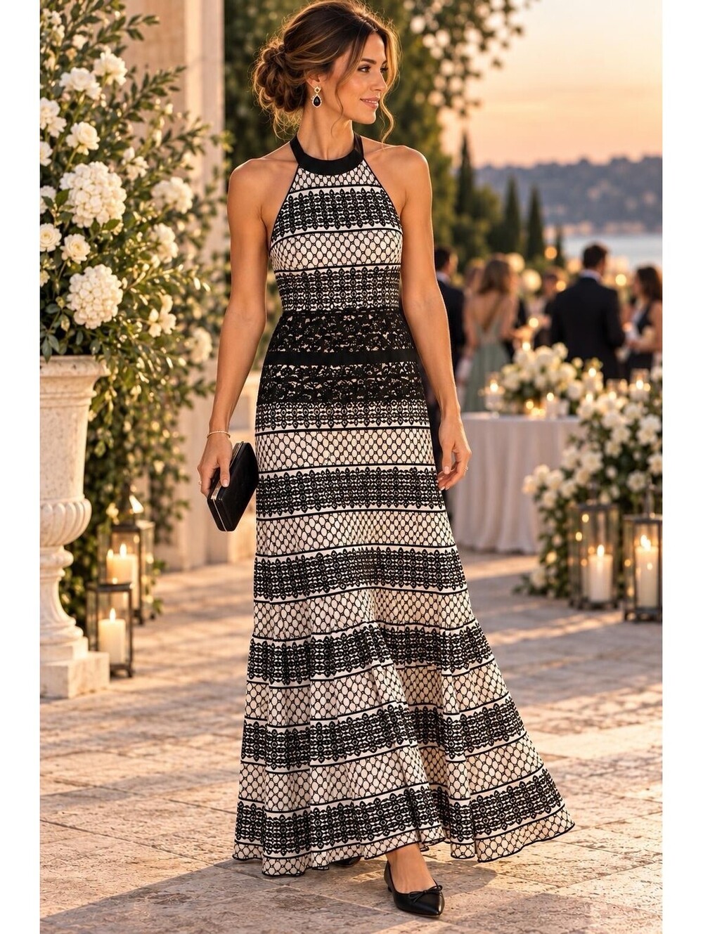 Halston NWT Long Black White Size 8 Cotton Cut Work Dress Reg $249